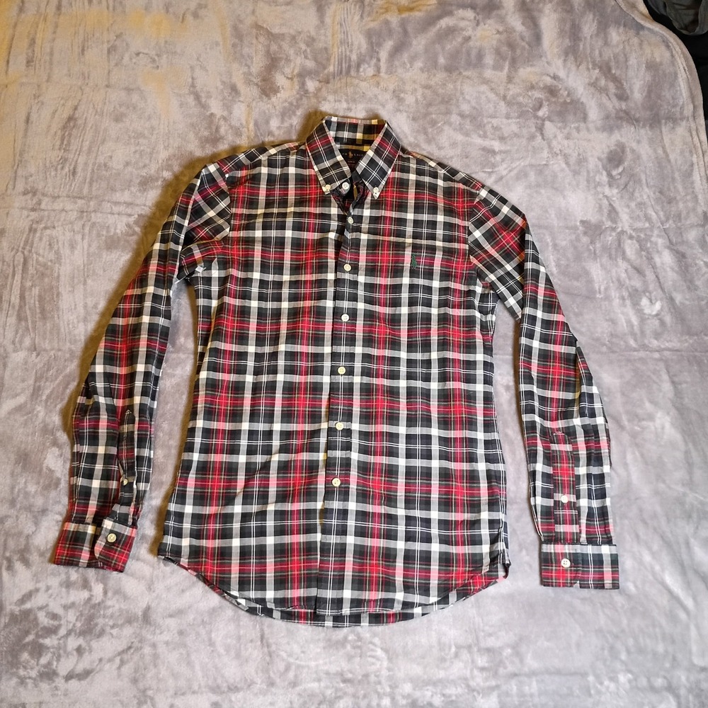Ralph Lauren Slim Fit Plaid Button Down Shirt Mens Small Red Black White Cotton